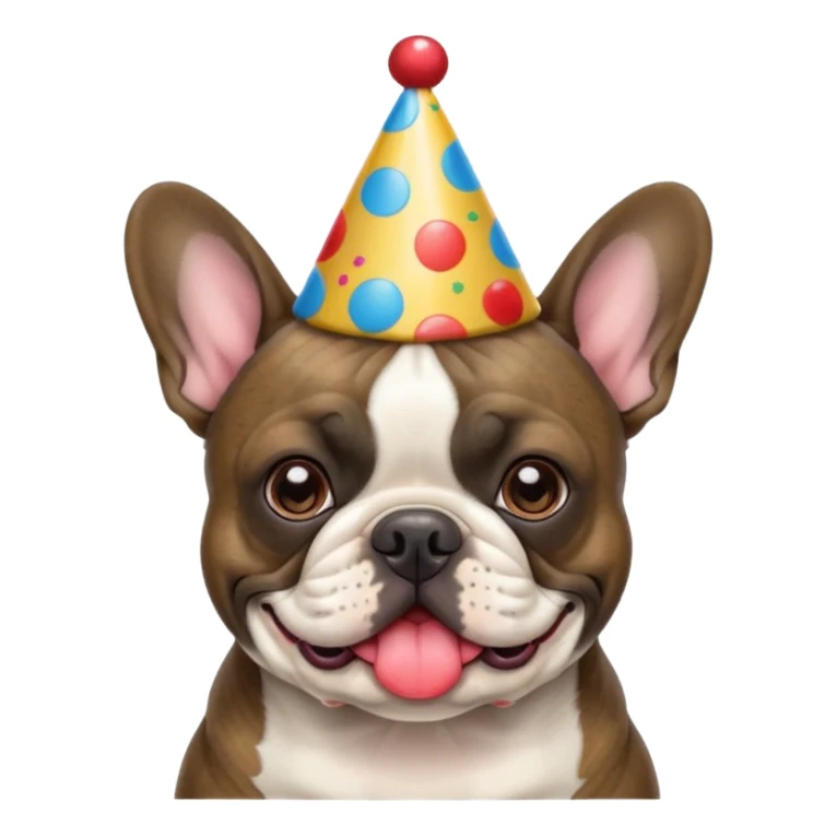 french bulldog with a birthday hat and brindle coloring. please make it apple emoji style please sticker