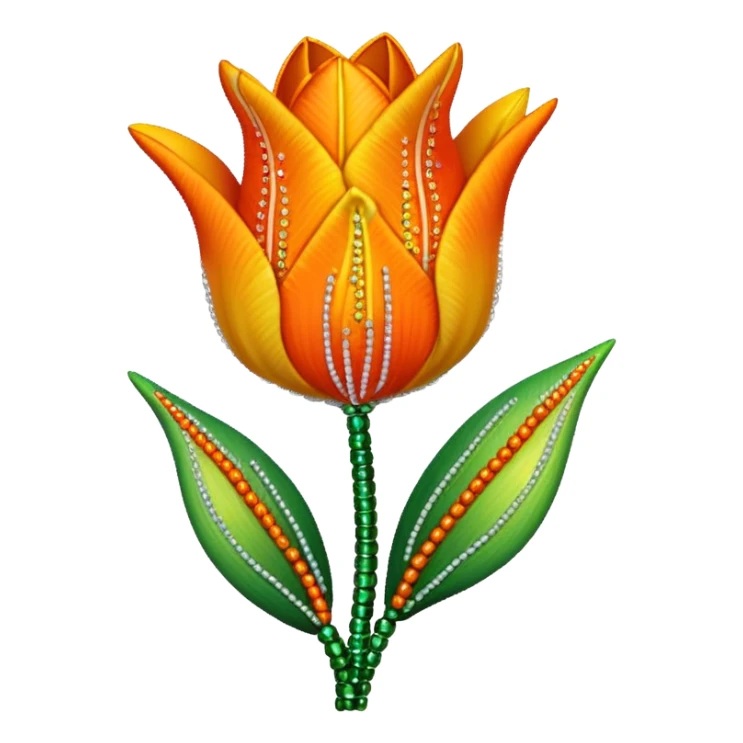 french beaded tulip, floral craft, sparkling glass beads, orange and yellow gradient petals, green foliage, realistic, elegant, no background sticker