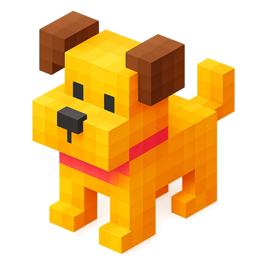 <SystemPrompt>
                <Style>
                  <Name>Voxel Emoji Art</Name>
                  <Description>A playful, isometric voxel style that mimics pixel art in 3D, commonly used for emojis, UI icons, and symbols. Rendered with bright, vibrant colors and no shadows.</Description>
                  <VisualRules>
                    <Geometry>
                      <BaseUnit>Cube</BaseUnit>
                      <GridAlignment>Isometric</GridAlignment>
                      <VoxelSize>Consistent</VoxelSize>
                    </Geometry>
                    <Color>
                      <Palette>Vivid and High Saturation</Palette>
                      <Gradient>Allowed on faces for subtle lighting</Gradient>
                    </Color>
                    <Lighting>
                      <Style>Soft studio lighting</Style>
                      <Shadows>Subtle ambient shadows</Shadows>
                    </Lighting>
                    <Detailing>
                      <Outline>None</Outline>
                      <Texture>Flat color (no texture noise)</Texture>
                      <Effects>None</Effects>
                    </Detailing>
                  </VisualRules>
                </Style>
                <Generation>
                  <PromptTemplate>
                    <![CDATA[
                      Render a voxel-style 3D illustration of a {subject}, using bright colors and blocky pixelated geometry. The object should appear playful and clean, similar to emoji aesthetics, with no shadows and no outlines. Lighting should enhance the 3D depth without harsh contrast.
                    ]]>
                  </PromptTemplate>
                </Generation>
              </SystemPrompt>
              {subject} = dog sticker