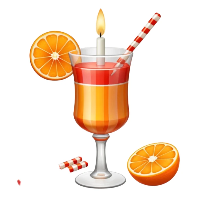 An orange with a horizontal red stripe around the middle. 4 vertical cocktail sticks in the orange with small pieces of candy on the sticks. On top of the orange a small white lit candle. sticker