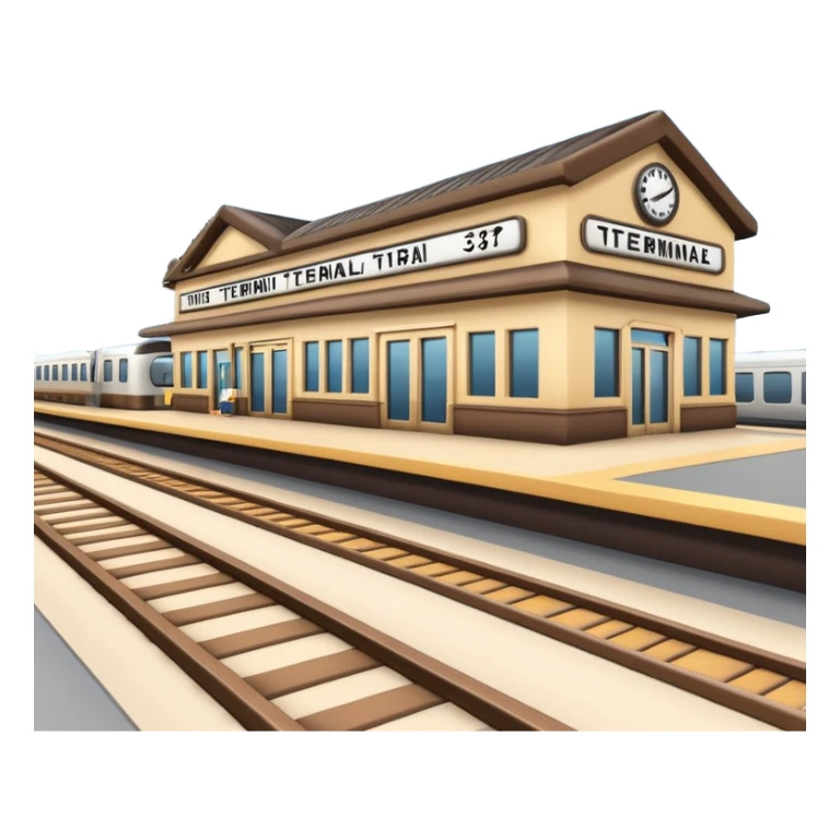 A 3D cartoon train terminal with tracks, platform signs, and an arriving train, Memoji-style realism. sticker