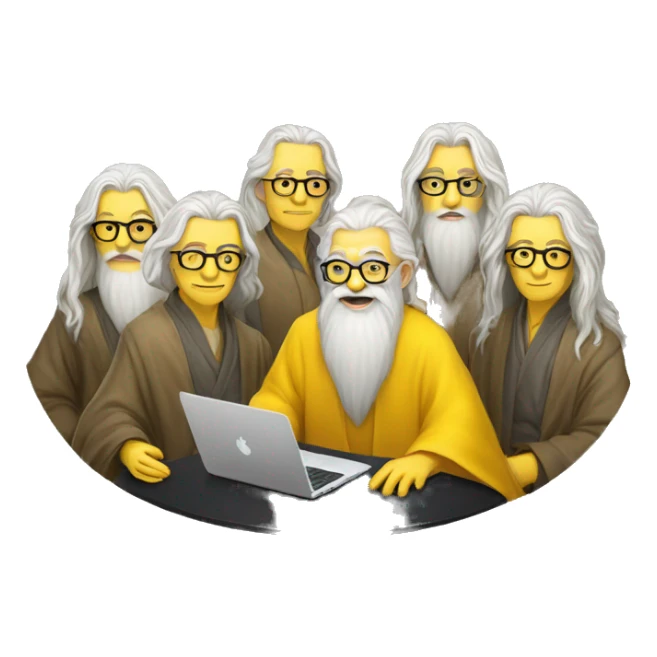 group of gandalfs, round yellow table, yellow clothes, glasses, macbooks sticker