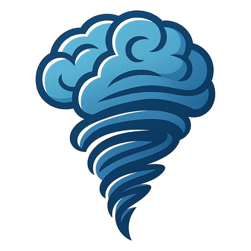 A brain with tornado-like spirals emerging from it, merging the ideas of mind and storm, for a brainstormer icon. sticker
