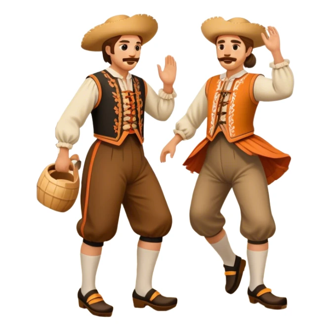 Cinematic Realistic scene of two performers executing the Klompendans, dressed in traditional Dutch costumes complete with wooden clogs and detailed folk patterns, captured in lively motion with soft, natural lighting sticker