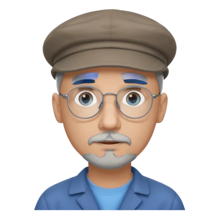 Bald, grey goatee, wire rim glasses, blue eyes, grey flat cap, round face sticker