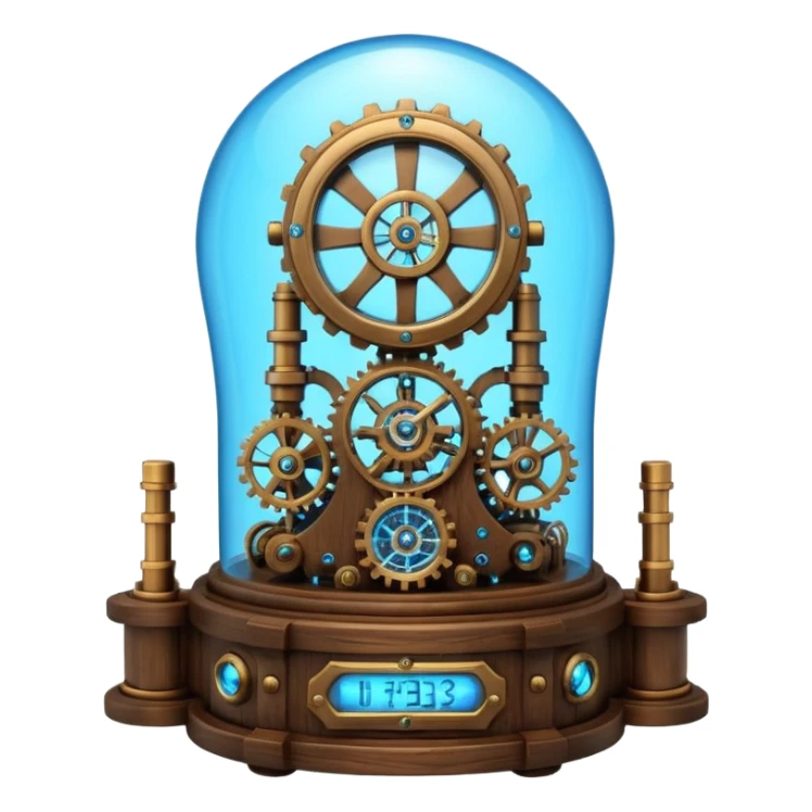 Portrait of a steampunk-style time machine with brass gears, glowing blue core, and glass dome sticker