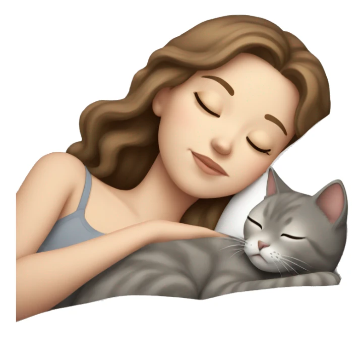 White girl brown hair sleeping with light grey kitty sticker