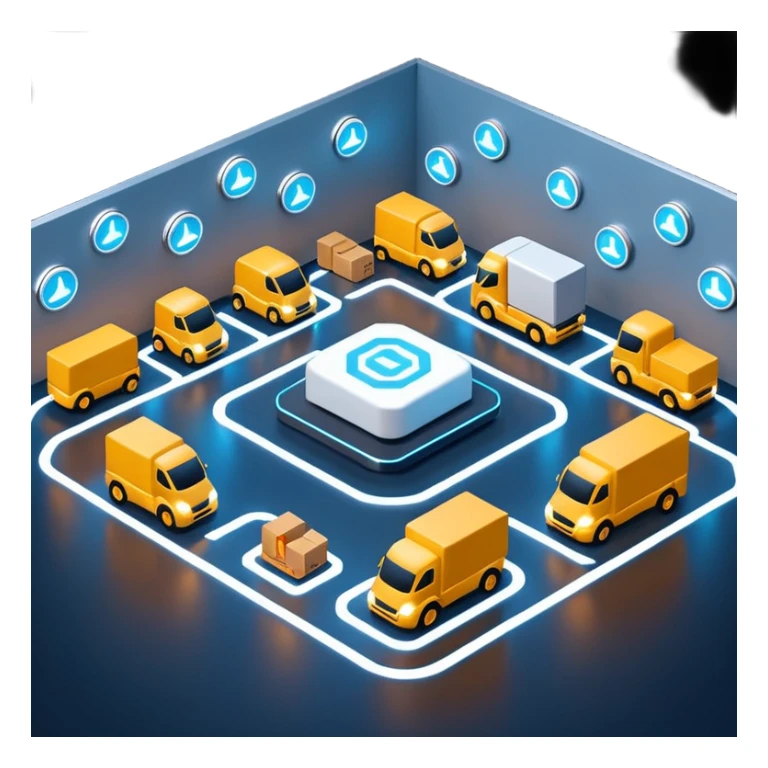 create a realistic emoji of a futuristic warehouse automation. A autonomous trucks, smart drones, and glowing data networks can be part of it as well — cinematic lighting, innovation atmosphere. sticker