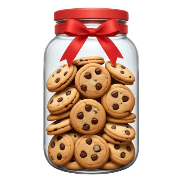 A chewy chocolate chip cozy cookie in an organized jar, saying "Cookie Jar" with some small illustrations on the jar to indicate there are cookies stored inside, a big red ribbonon the lid sticker