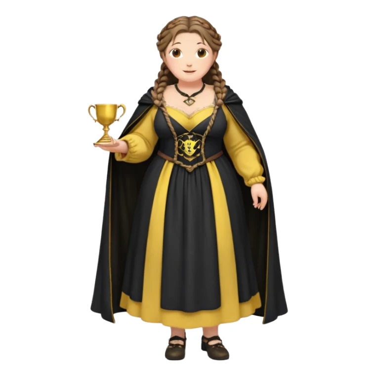 Helga Hufflepuff,brown-haired,2 braids,yellow-black medieval open dress,deep neckline,fat macromastia,black cloak decorated with gold braiding,gold cup with two handles,very kind smile,curvy busty,round rosy cheeks,full length with medieval shoes, inscription in pink heart says:"I love HELGA" sticker