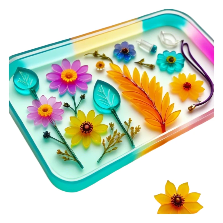 Epoxy resin art icon, jewelry and decorative items made with fluorescent epoxy resin, glowing effect on the resin, finished resin jewelry with dried flowers embedded inside, visible tubes of resin with bright colors, mixing tools, and molds, minimalistic style, clean lines, transparent background sticker