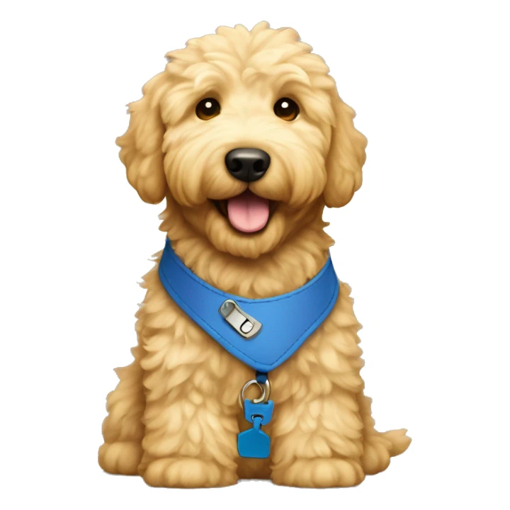 Light fur Golden doodle with blue collar and yellow tag sticker