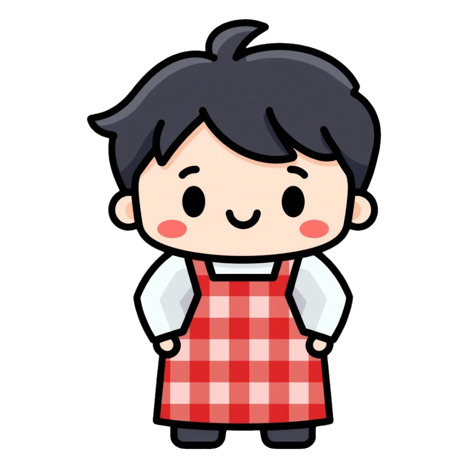chubby boy with black hair styled upward in front, wearing a red and white checkered plaid apron sticker