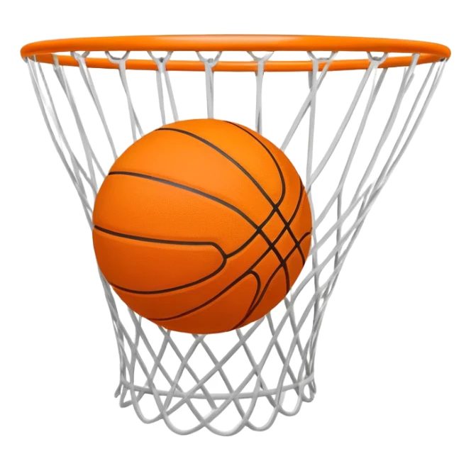 Basketball falling through white net, motion lines, minimal design, iOS emoji style sticker