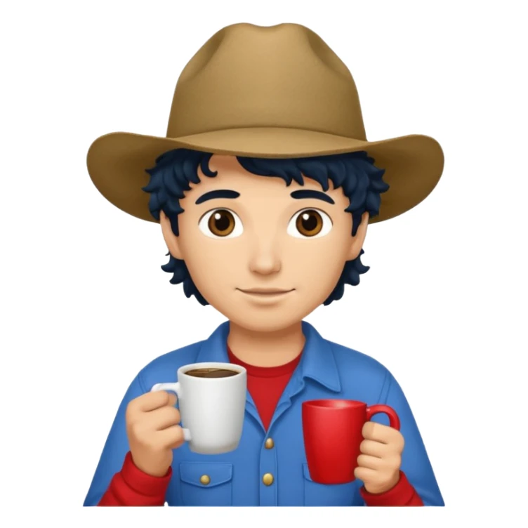Ranch hand with blue hat and coffee mug, curly black hair, red shirt sticker