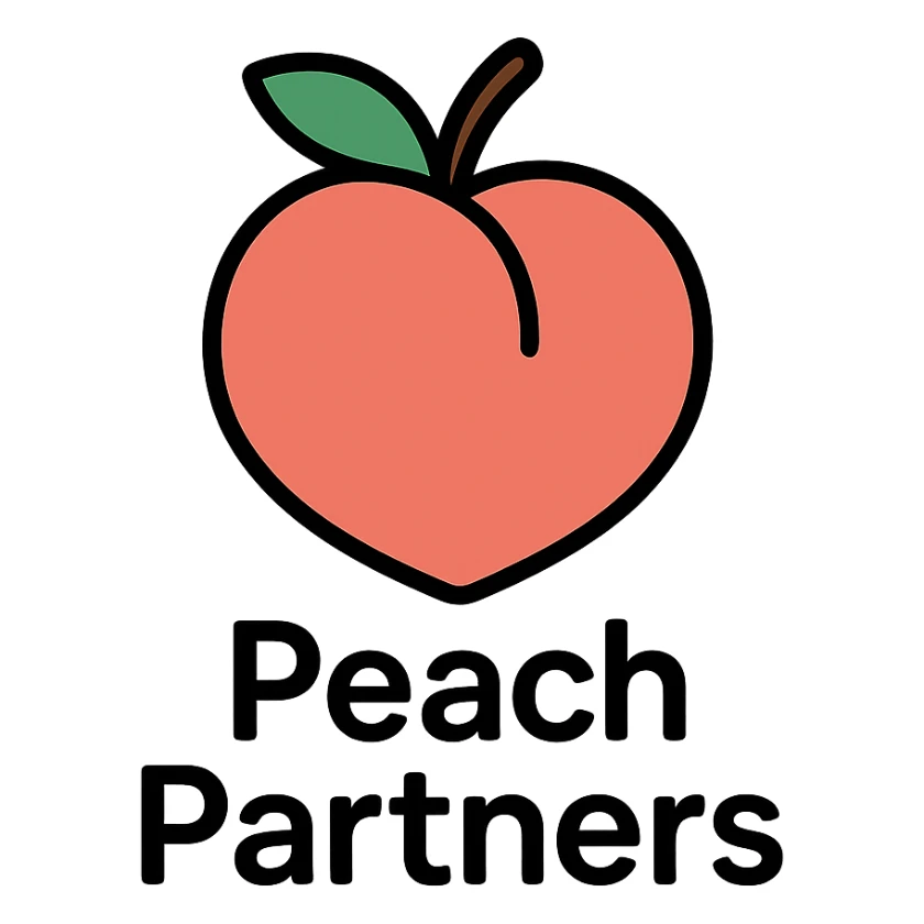 minimalist icon of a simple peach outline with clean text 'Peach Partners' sticker
