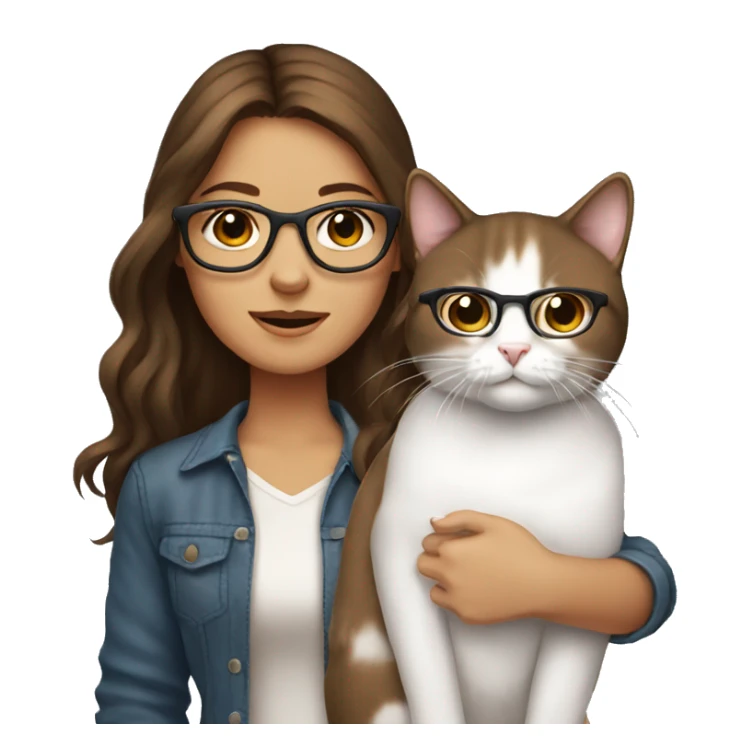 Medium brown hair with glasses, tanned Girl holding white cat sticker
