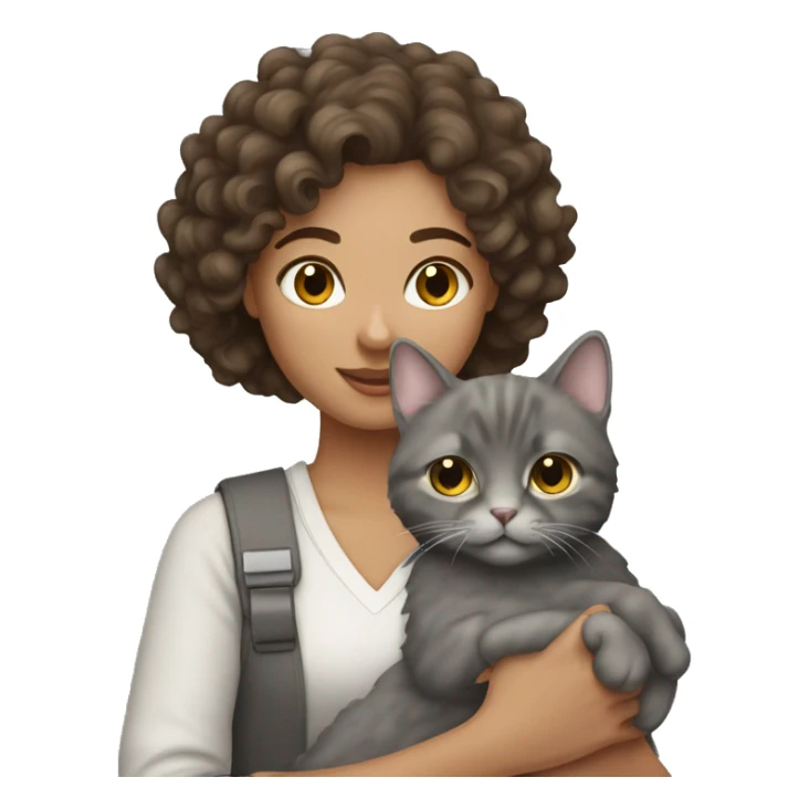 Pretty brunette curly hair woman holding a grey cat  sticker