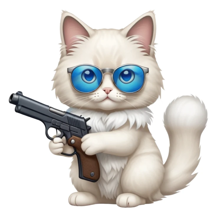 One ragdoll cat with sunglasses holding a gun sticker