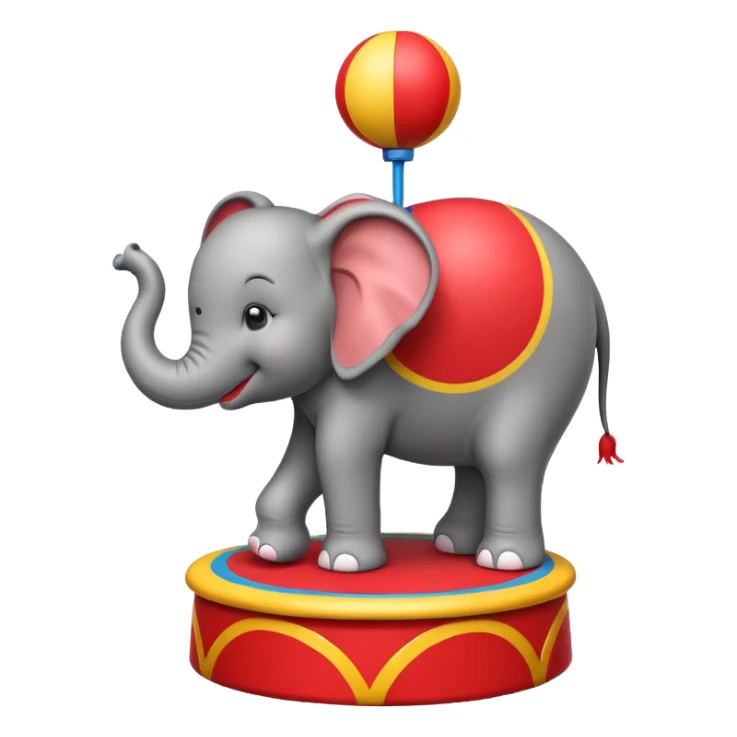 Create a cute emoji of a smiling cartoon elephant balancing a red patterned ball on its trunk while standing on a colorful circus platform. Use a simple, rounded emoji style with clean lines and bright colors. sticker
