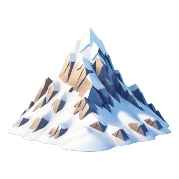 A 3D cartoon snow-covered mountain peak with soft clouds around it, clear blue sky, bright sunlight, smooth textures, Memoji-style rendering. sticker