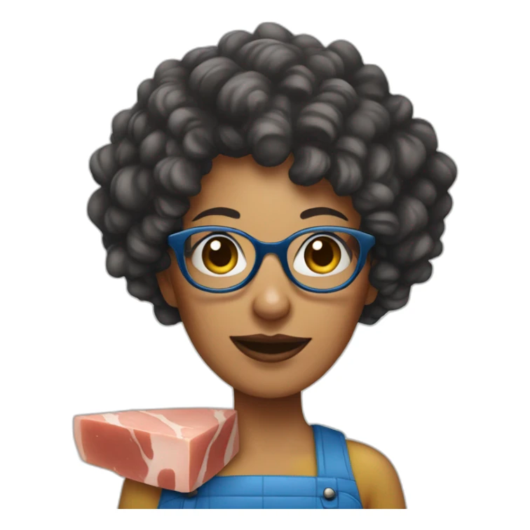 woman with blue curly hair and glasses holding a ham sticker