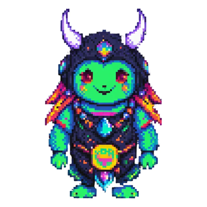 the word 'Vrishali' in pixel art style, outlined in black, bright neon colors sticker