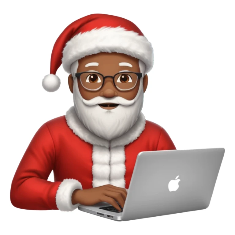 Jeune développeur homme de teint noir, assis devant un ordinateur portable affichant du code, dans une ambiance de week-end festive. À côté de lui se tient le Père Noël, souriant, portant sa tenue traditionnelle rouge et blanche.  sticker