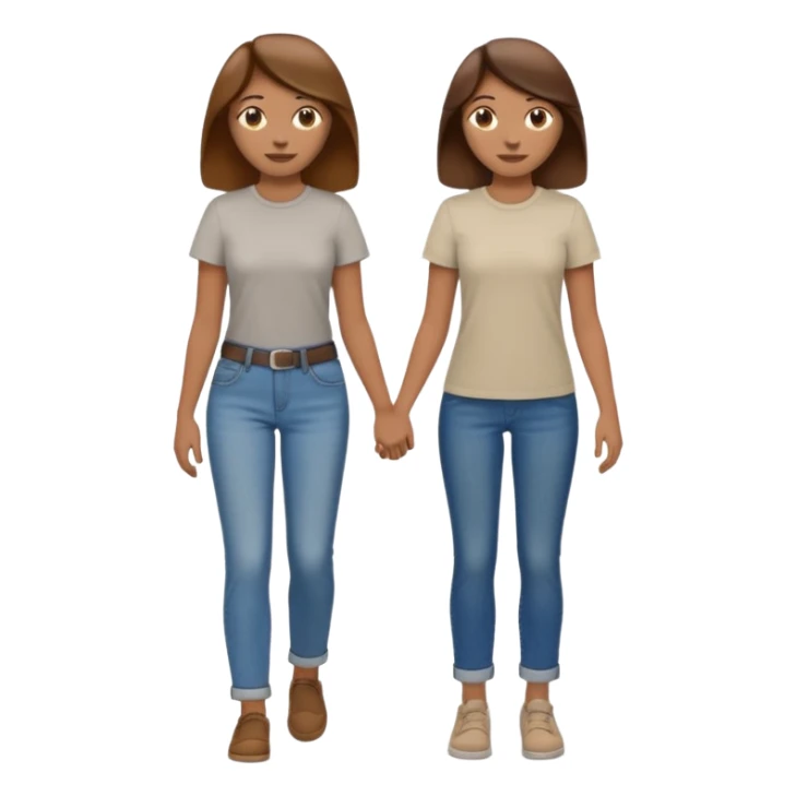 based on emoji style, two people walking together, They are not holding hands. one is brown-haired woman, wearing a shirt,  Another one is a non-binary person, wearing t shirt and jeans, and the second person doesn't have anything on their hands.  sticker