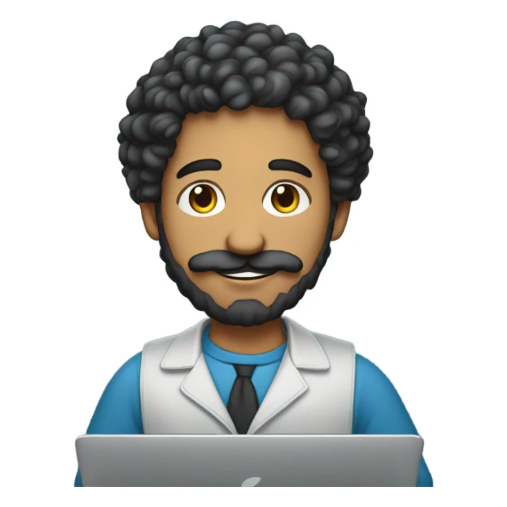 no glasses, Mexican school IT technician with apple laptop and with curly hair and mustache and beard 
 sticker