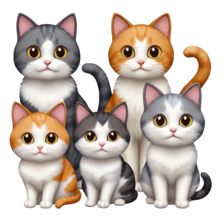 4 different coloured short haired cats including; a dark brown and white cat, and a dark grey and white, and a calico sticker