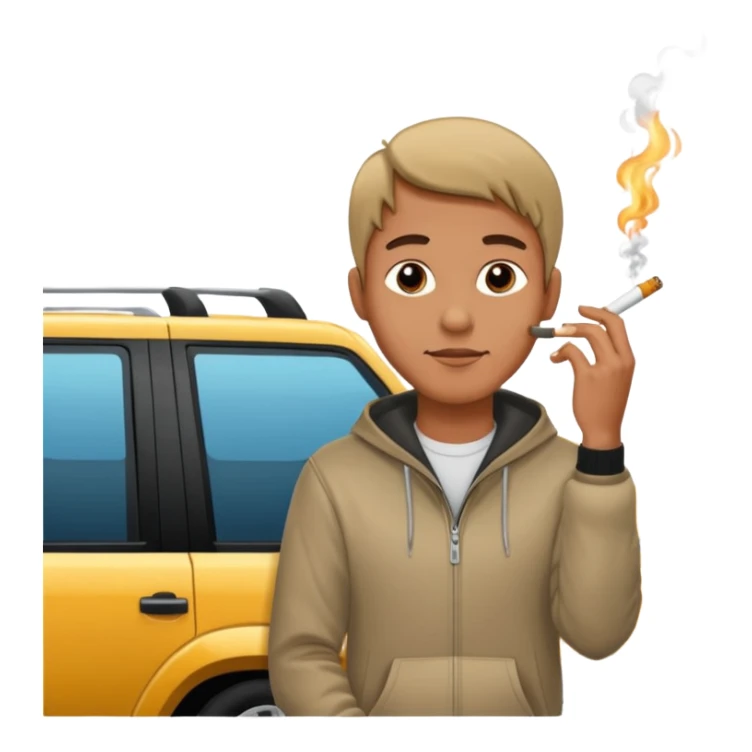 Leaning on the hood of his SUV with a cigarette sticker