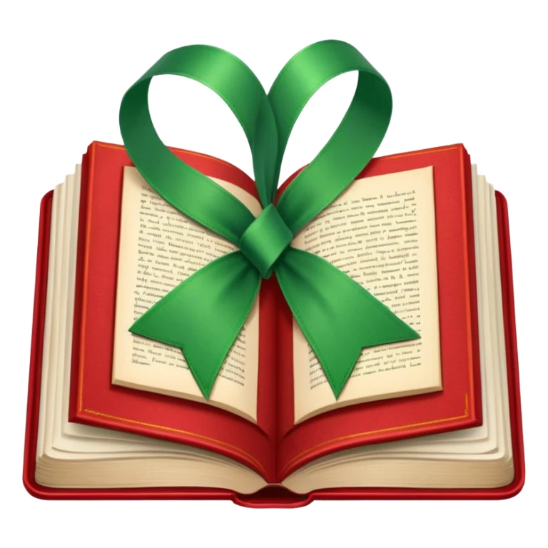 open red hardcover book with green ribbon bookmark sticker