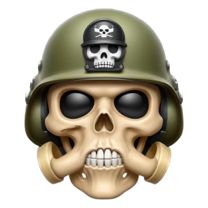 A bold emoji-style skull wearing a realistic army helmet,shushing . Clean vector style, high contrast, centered composition, modern emoji aesthetic, detailed helmet texture, confident and intense expression, 3D glossy finish, high resolution , no body , finger shuting is mouth sticker