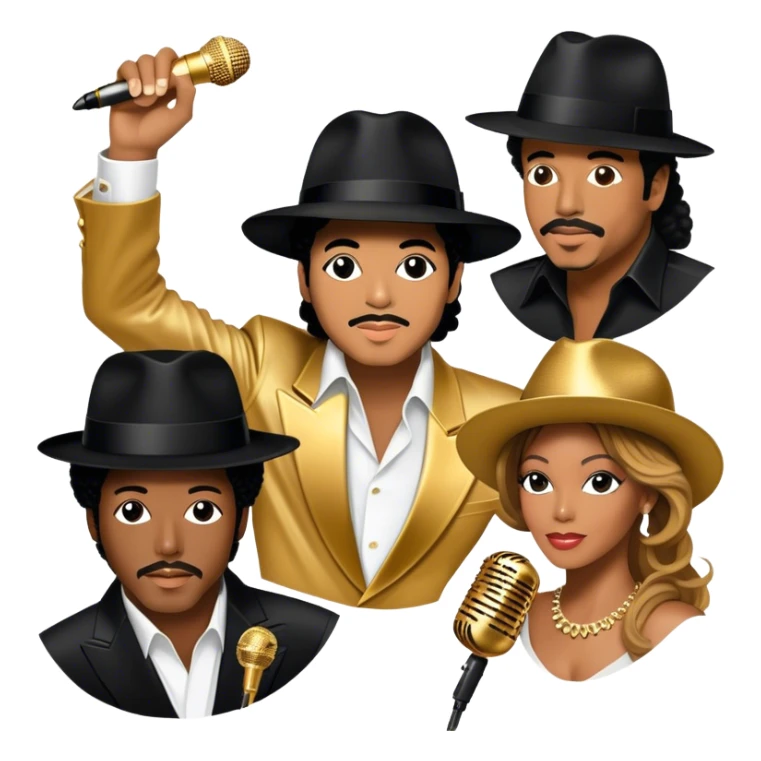 Icon for R&B Music: collage of iconic R&B artists—Michael Jackson, Beyoncé, Lionel Richie, Whitney Houston, and Barry White. Each artist represented by a silhouette or symbolic item (like a glove, microphone, or fedora). Transparent background. sticker