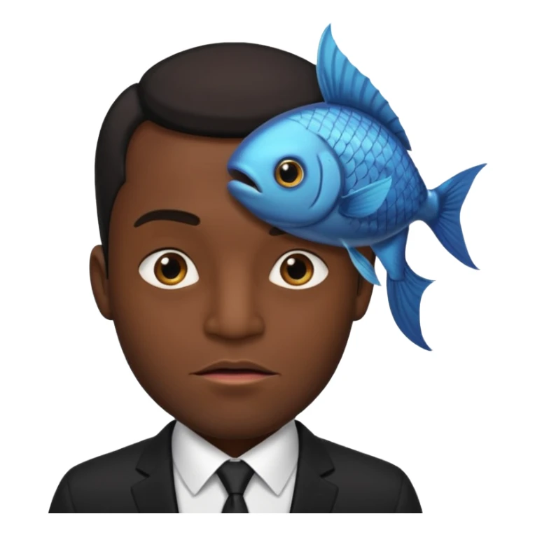 A man dressed in a black suit. His face is that of a fish — therefore, he has NO human face!! The fish’s face is positioned vertically, meaning its mouth is facing upward. Ok? sticker
