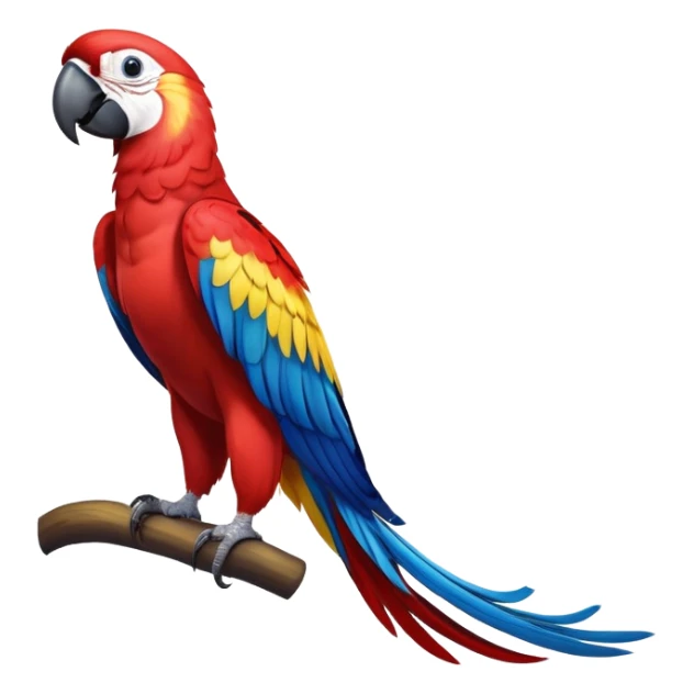 cinematic-macaw-realistic-full-body-standing-emoji,-vibrant-feathers-glowing-with-rich-reds,-blues,-and-yellows,-head-tilted-dramatically,-curved white-beak-gleaming,-piercing-dark-eyes-exuding-confidence,-simplified-yet-realistic-focused sticker
