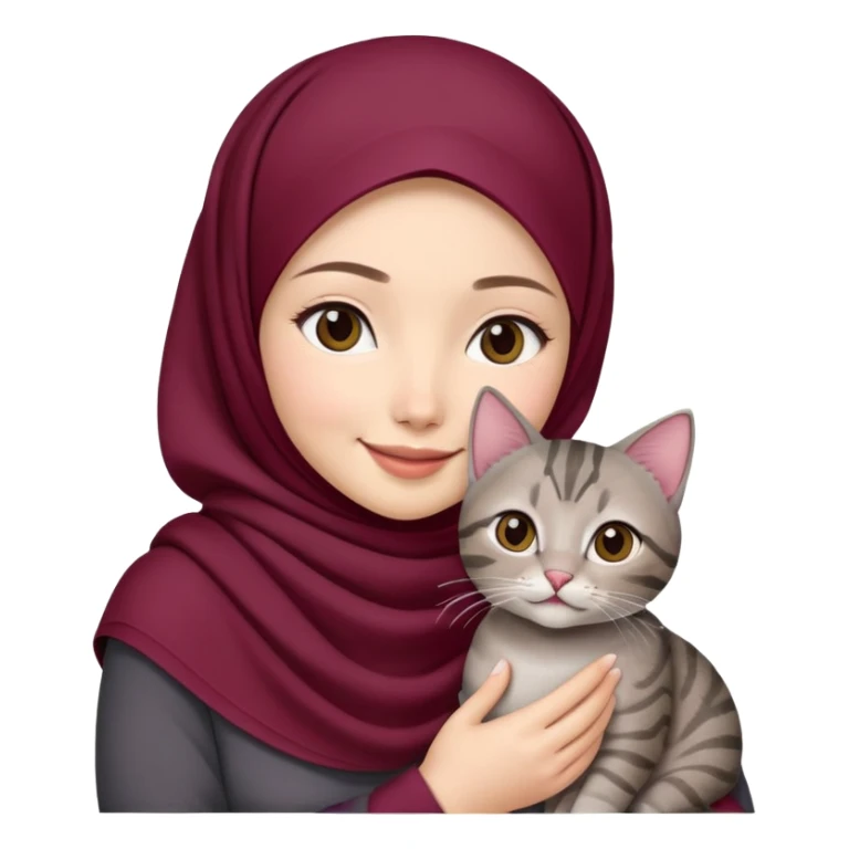 Asian white girl wearing  maroon hijab holding a black grey tabby cat while smiling sticker