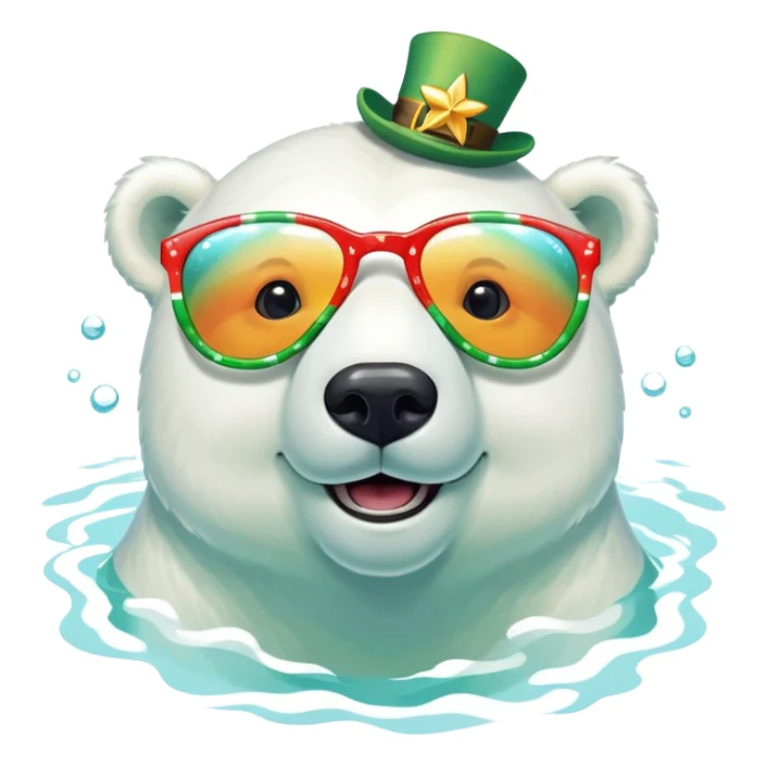 friendly anthropomorphised polar bear smiling, wearing large multicolored star-shaped glasses and festive St. Patrick's Day outfit, swimming in water sticker