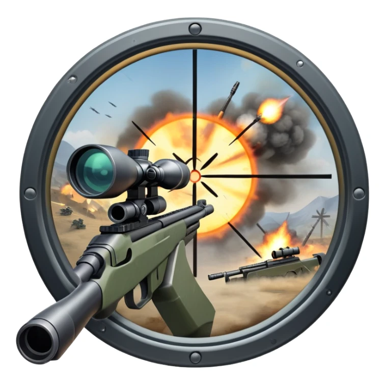 An icon symbolizing first-person shooter games. The design features a circular sniper scope view with crosshairs aimed at a distant target. The background shows a battlefield with soldiers and explosions, capturing the action-packed intensity of FPS games. Transparent background. sticker