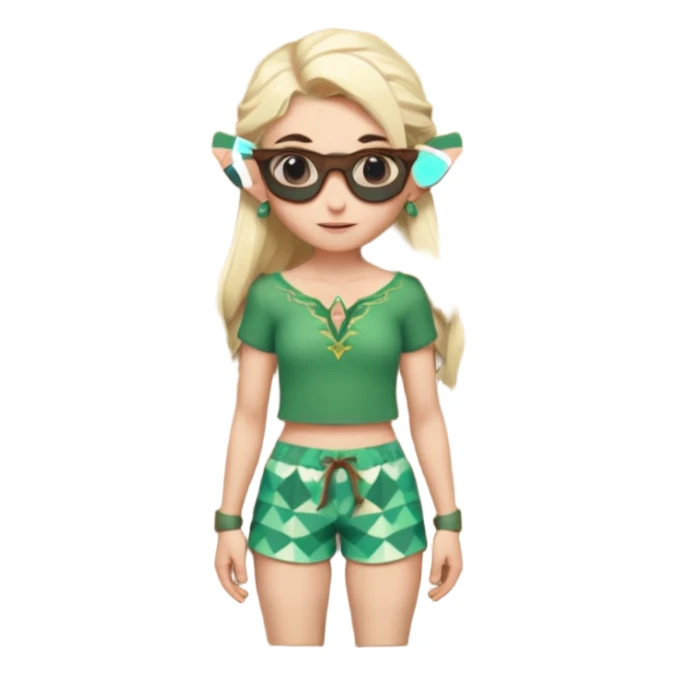 elf female legolas portrait, patterned board shorts (geometric/abstract), unique wooden-framed sunglasses, undercut hairstyle, slight smirk, visible pointy ears, no background, centered emoji, hipster summer vibe coctails sticker