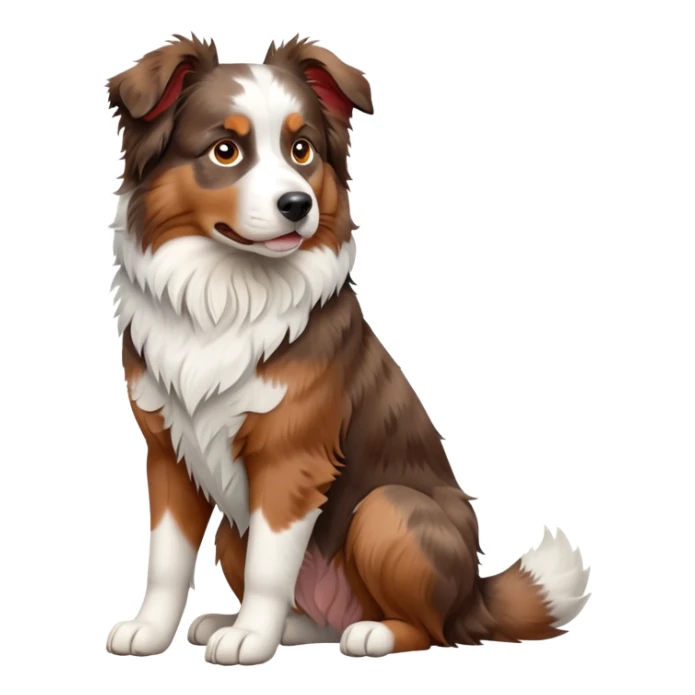 cinematic-[australian shepherd dog]-realistic-full-body-sitting-emoji,-tail-resting-loosely-beside-its-paws,-head-tilted-dramatically,-scruffy-[white and red merle]-fur,-simplified-yet-realistic-focused-features,-highly-detailed,-glowing-with-an-almost-sarcastic-glow sticker