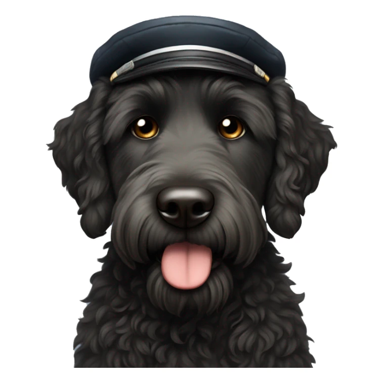 sad black labradoodle dog's face with and long nose and a pilot cap on sticker