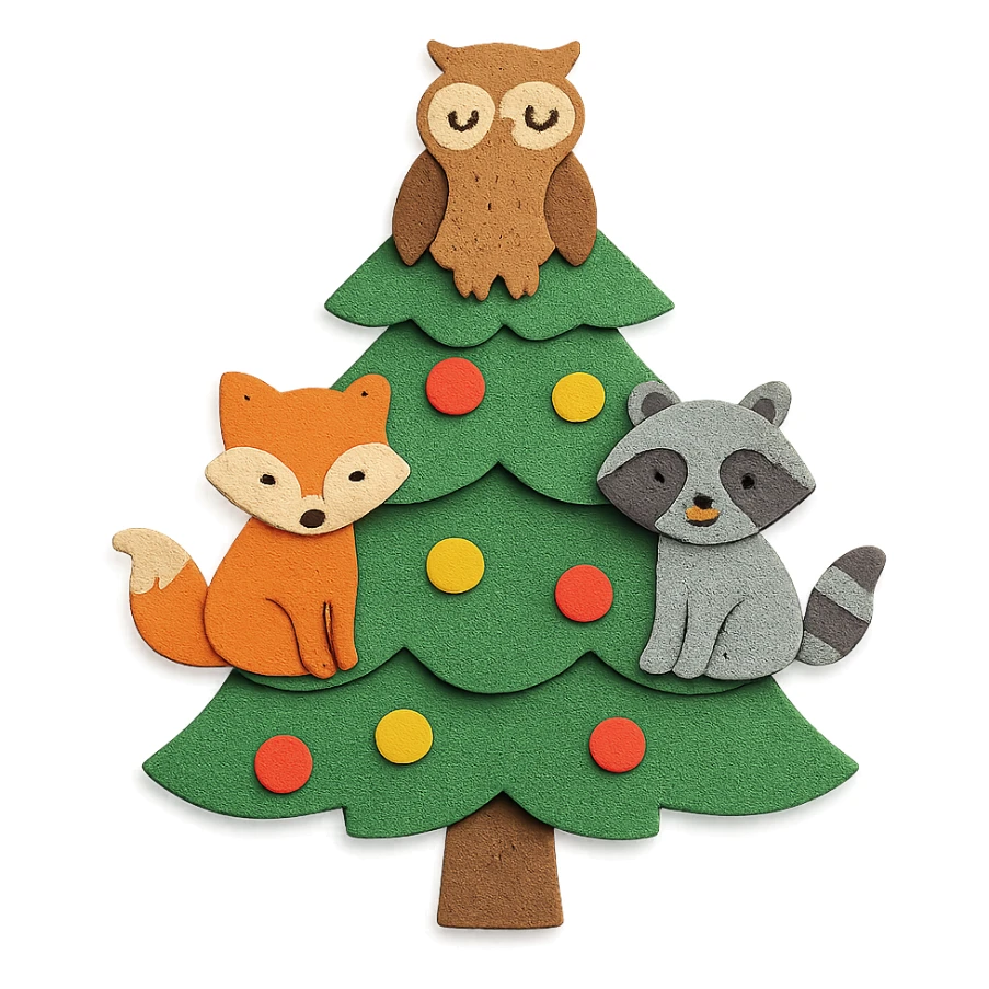 pine tree decorated with woodland critters in paper-craft style sticker