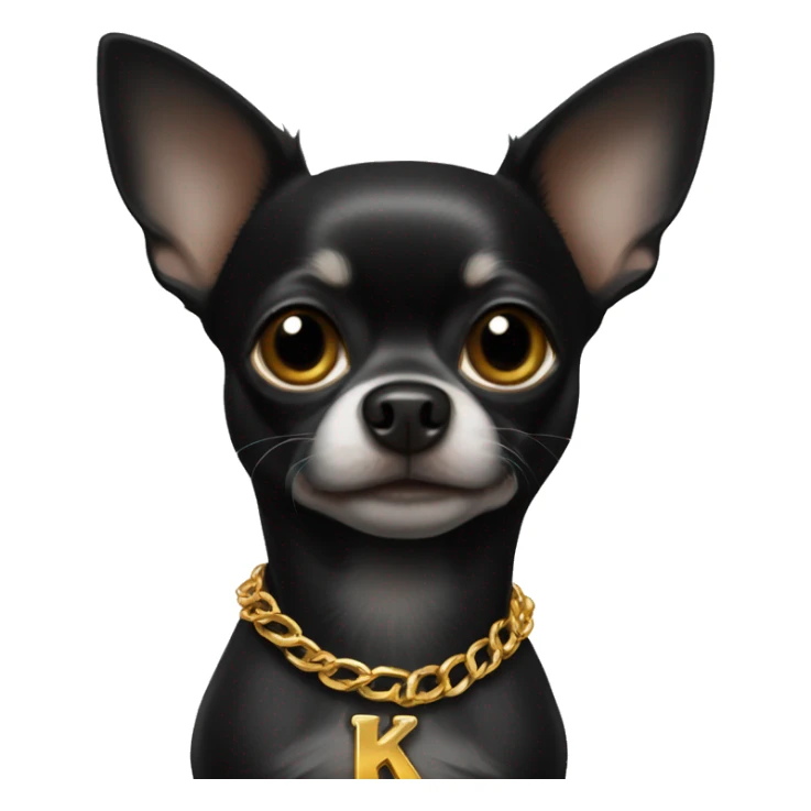 Black chihuahua wearing golden chain with letter k sticker