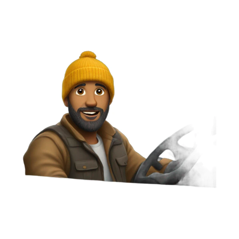 Guy wearing a beanie with a beard driving a truck sticker