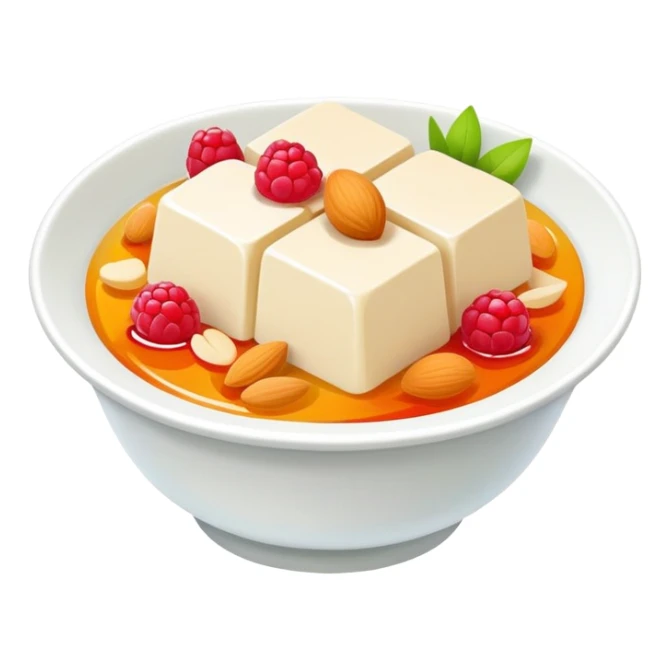 Almond tofu dessert with fruit topping, simplified emoji style with bold outlines and bright colors, cartoon style Xing Ren Doufu jelly sticker