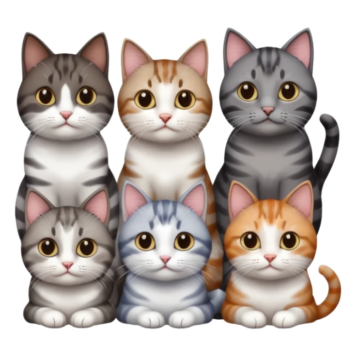 4 different coloured short haired cats including; a dark brown tabby and white cat, and a dark grey and white  sticker
