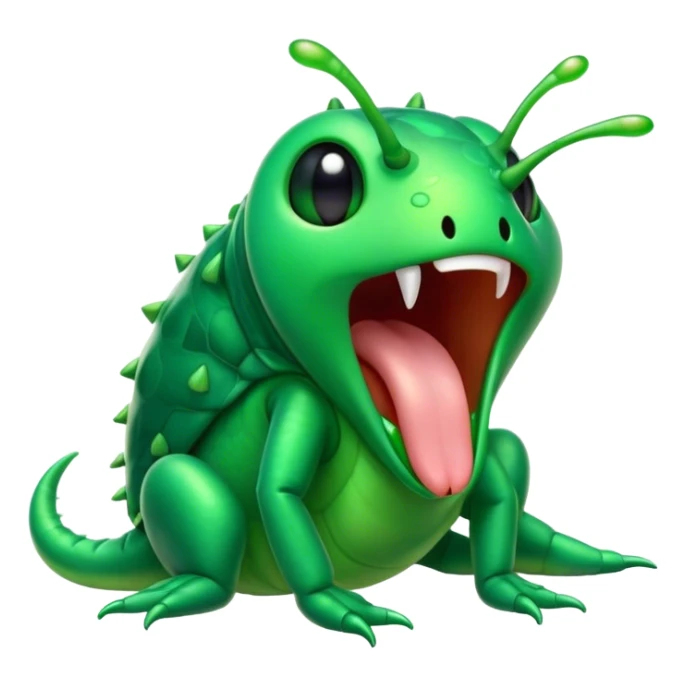 Cinematic Cute Yawning Green Bugdie Portrait Emoji, Head tilted slightly with a dramatic, wide-open yawn, showcasing a smooth, vibrant emerald exoskeleton with delicate patterns and tiny drooping antennae, round multifaceted eyes barely open in drowsy contentment, Simplified yet irresistibly adorable features, highly detailed, glowing with a soft, cozy glow, high shine, relaxed yet expressive, stylized with a touch of whimsy, bright and endearing, soft glowing outline, capturing the essence of a sleepy yet endearing insect, so drowsy it feels like it could stretch out of the screen and curl up for a nap! sticker