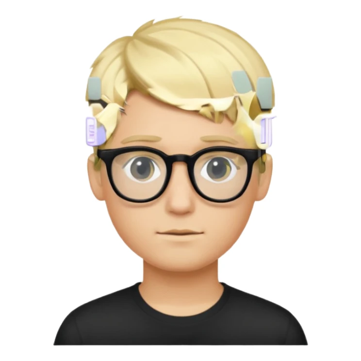 Young male with short blonde hair and black glasses sticker